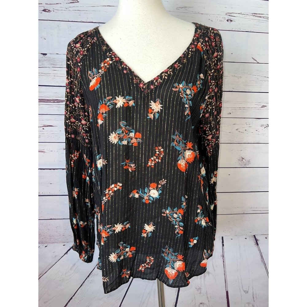 Miss Me Blouse Medium Black‎ Floral Metallic Pinstripe V-Neck Long Sleeve Womens